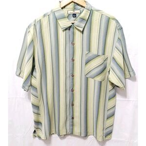 Tommy Bahama Silk Men's Green Striped Short Sleeve Button Up Shirt Large